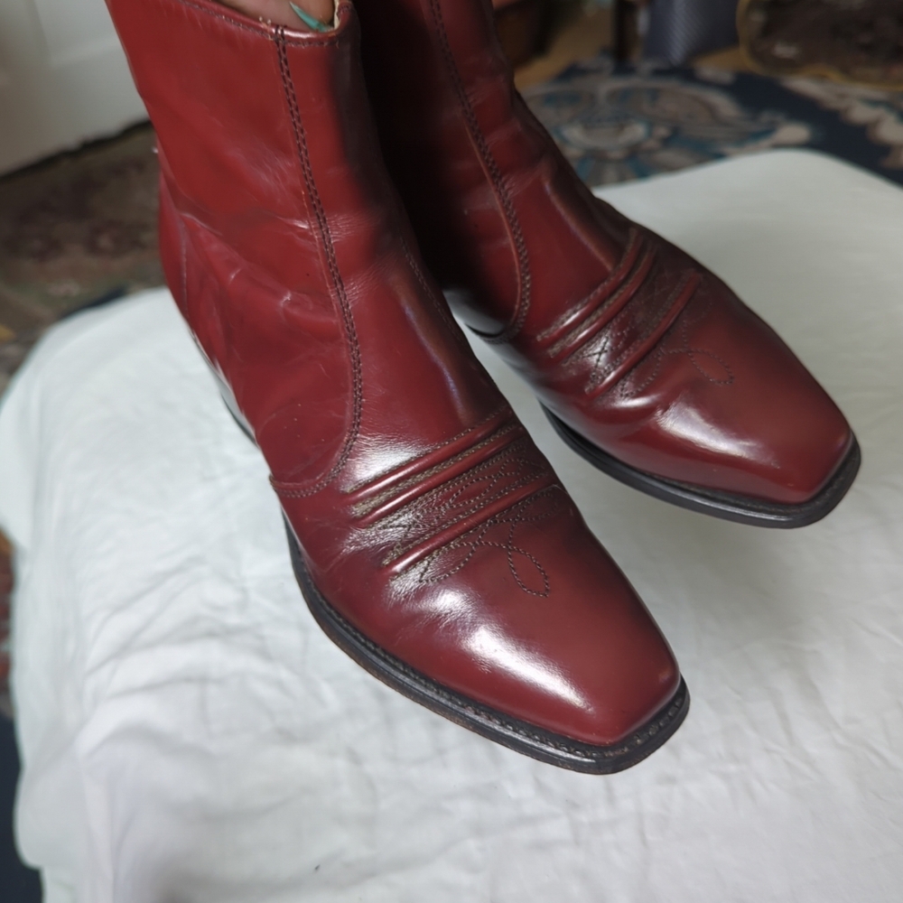 Men’s 1970’s Sears Rusty Brown Leather Western Side Zip Square Toe Heeled Boot - Picture 3 of 12
